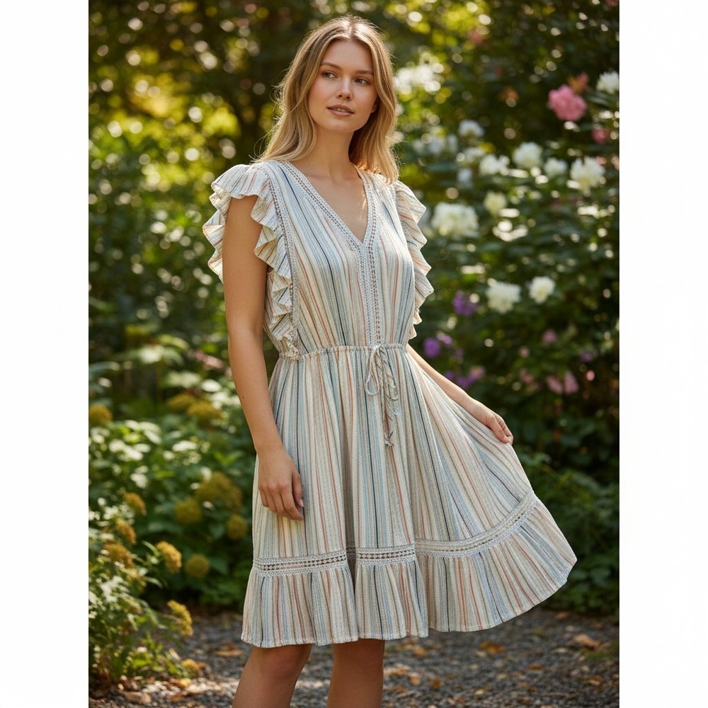 American‎ Rag Womens Striped Ruffle Mini Dress Crochet Trim Boho Blue Orange M